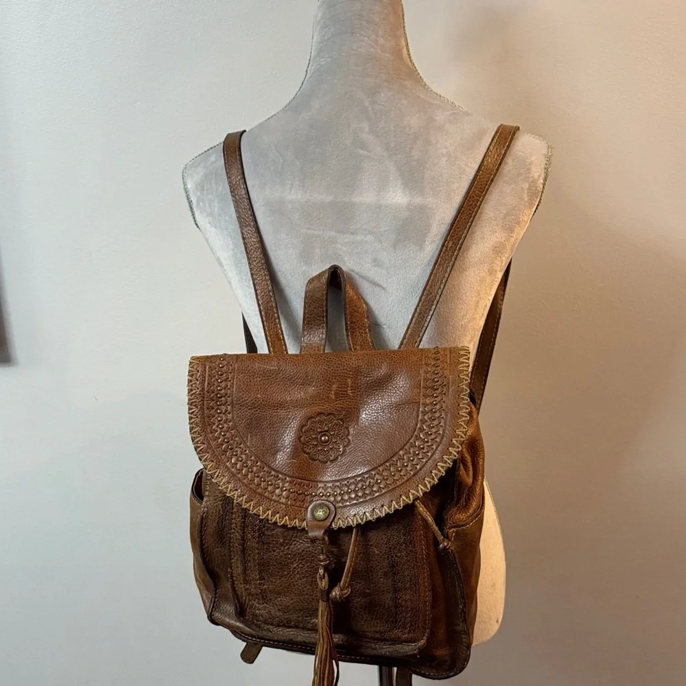 Patricia Nash Jovanna Tan Leather Rustic western Backpack with Tassel